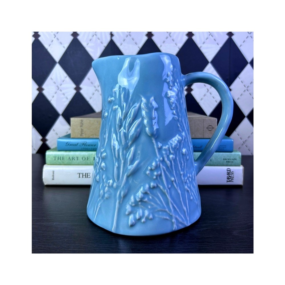 Nocal Portugal Blue Botanical Relief Ceramic Pitcher 8" Flower Vase